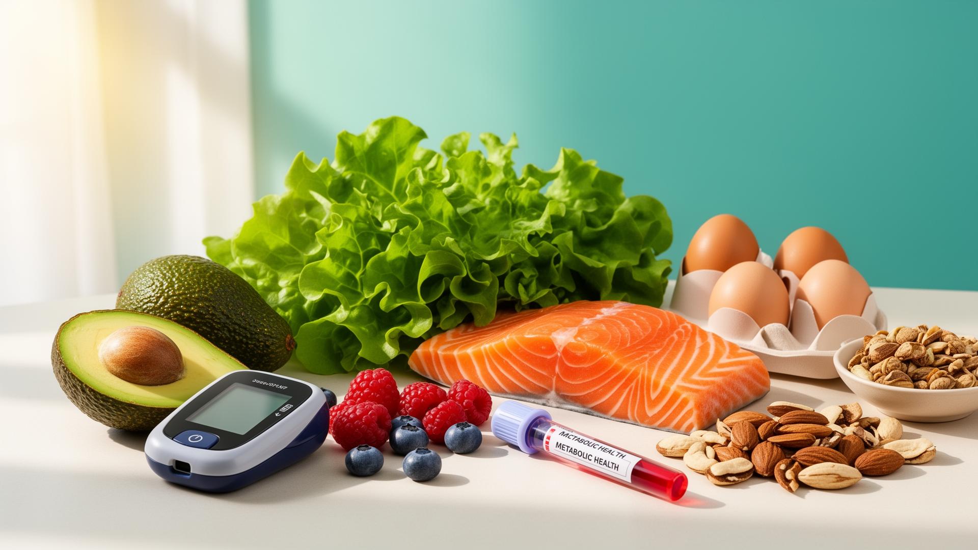 Whole foods, glucose monitor and blood test vial representing metabolic health
